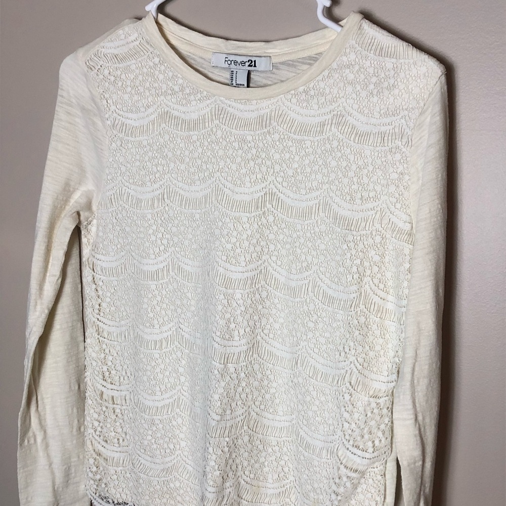 Cream colored long sleeve tee, lace overlay, small